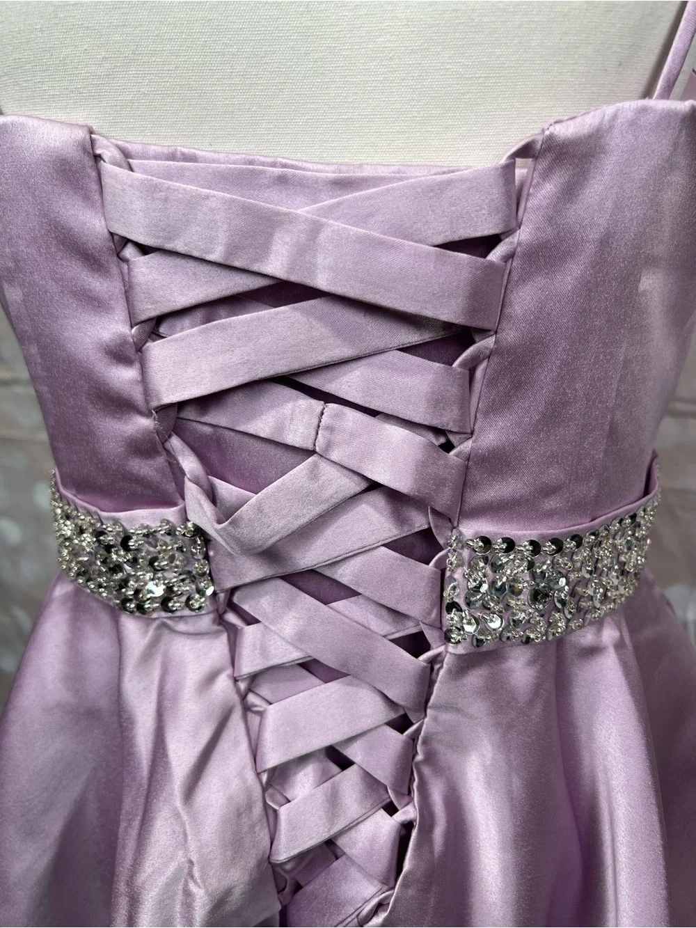 Lilac Satin A-Line Dress with Jeweled Waist - Picture 4 of 6
